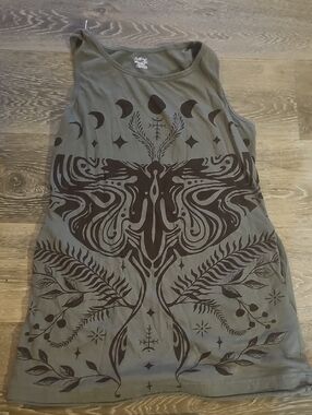 Boho Olive Mini Dress with Black Graphic Print